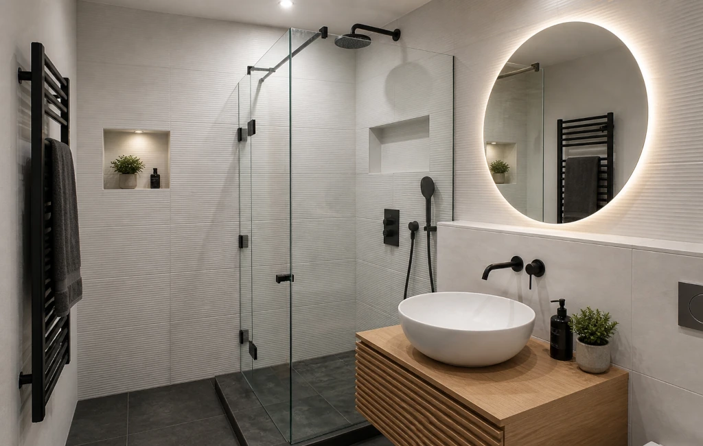 Glasdusche nach Maß mit rahmenloser Duschkabine aus Sicherheitsglas im modernen Badezimmer